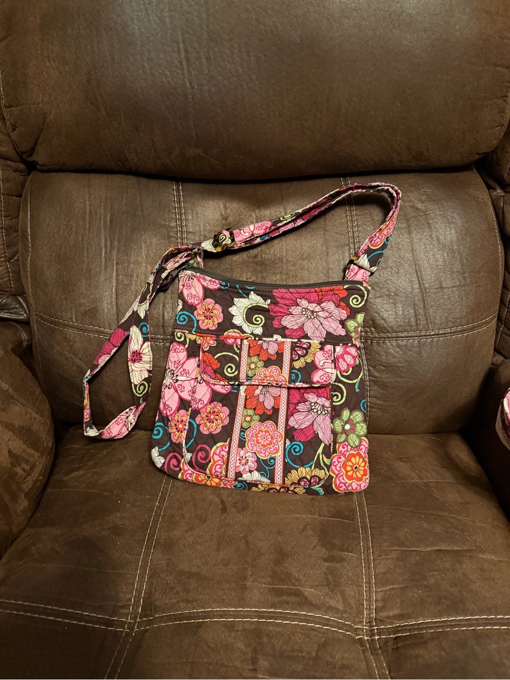 Vera Bradley Brown Crossbody with Pink Floral Print